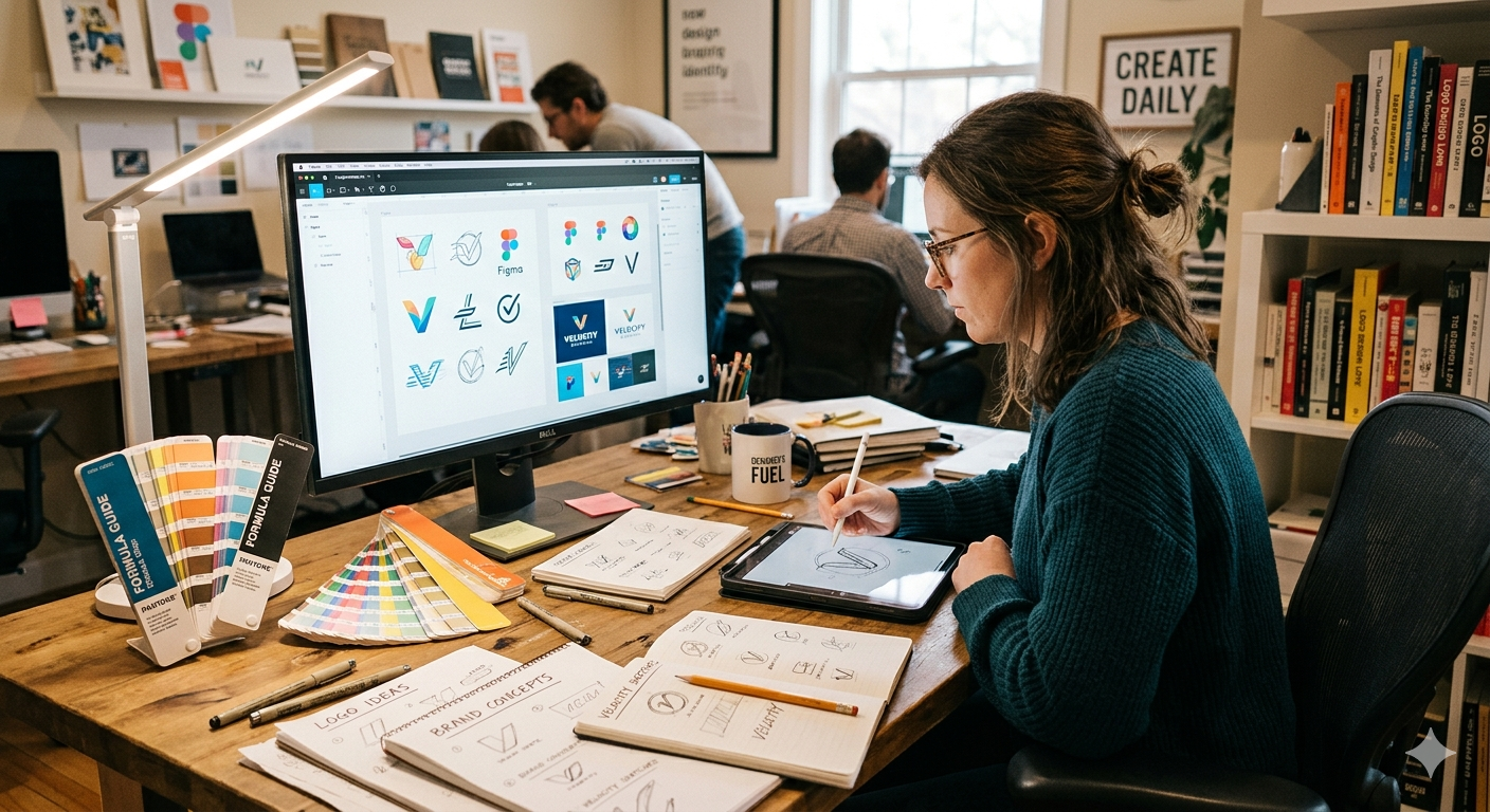 Designer working on brand identity concepts with color swatches and sketches